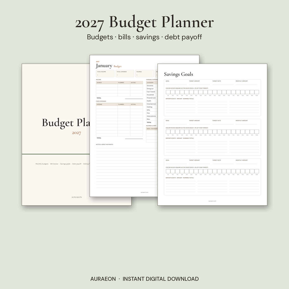 2027 Budget Planner — Printable Monthly Budget & Bill Tracker