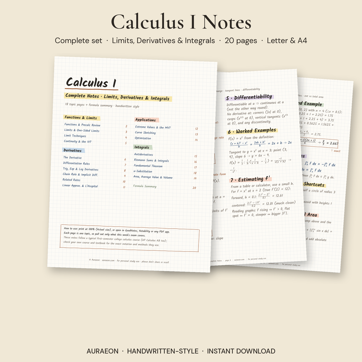 Calculus I Complete Notes cover and pages