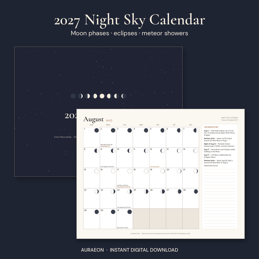 2027 Night Sky Calendar — Printable Moon Phase & Astronomy Calendar
