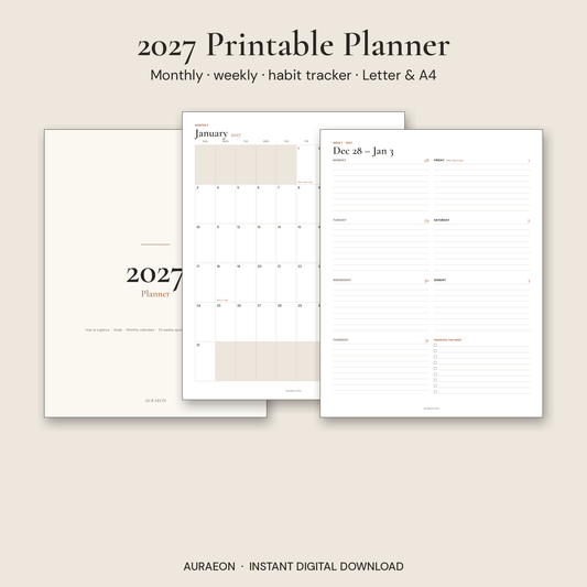 2027 Printable Planner — Minimal Monthly & Weekly Planner
